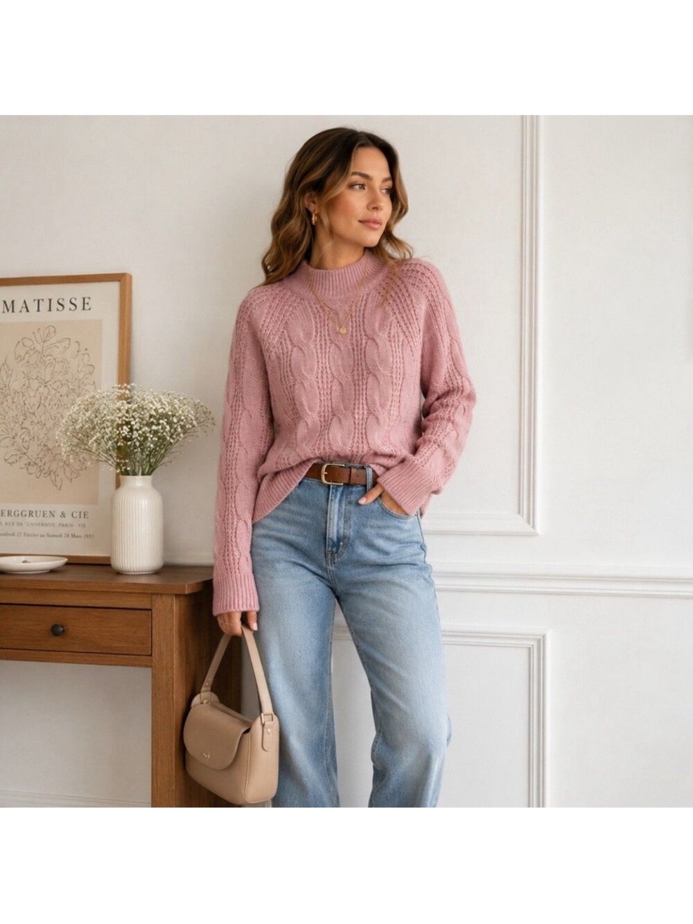 J. Crew Dusty Pink Mockneck Cable-Knit Alpaca Sweater - Medium